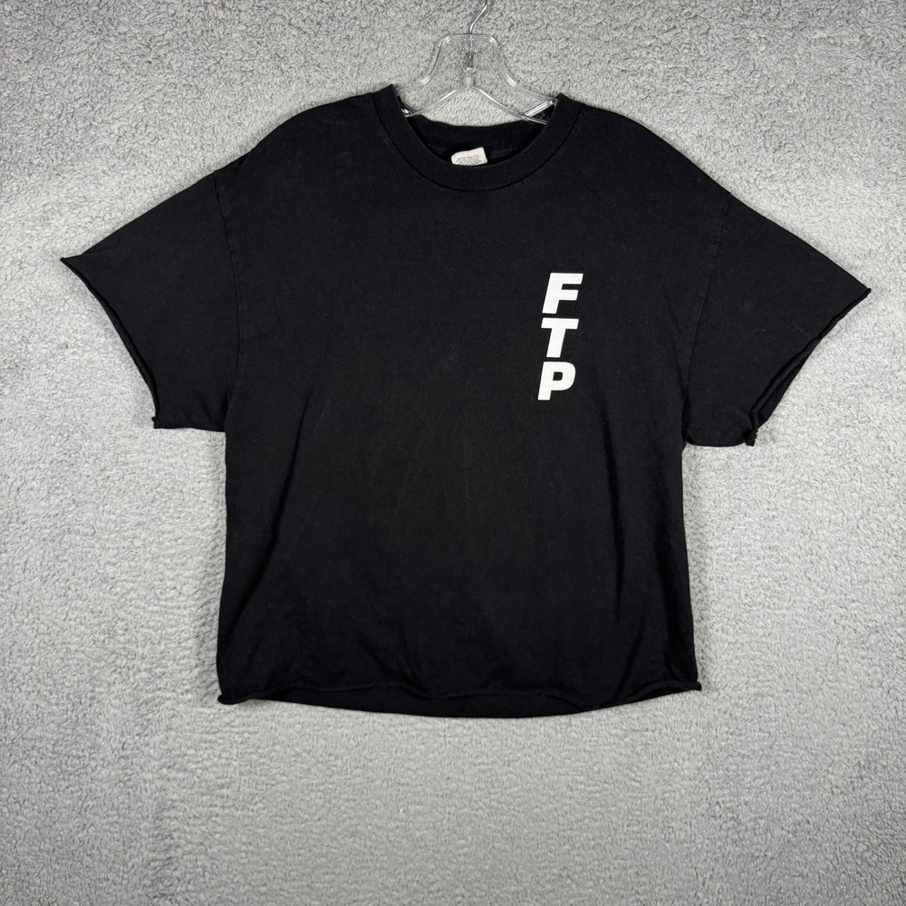 FTP Fuckthepopulation Vertical Logo Tee Black Mens Large Raw Hem Made in USA